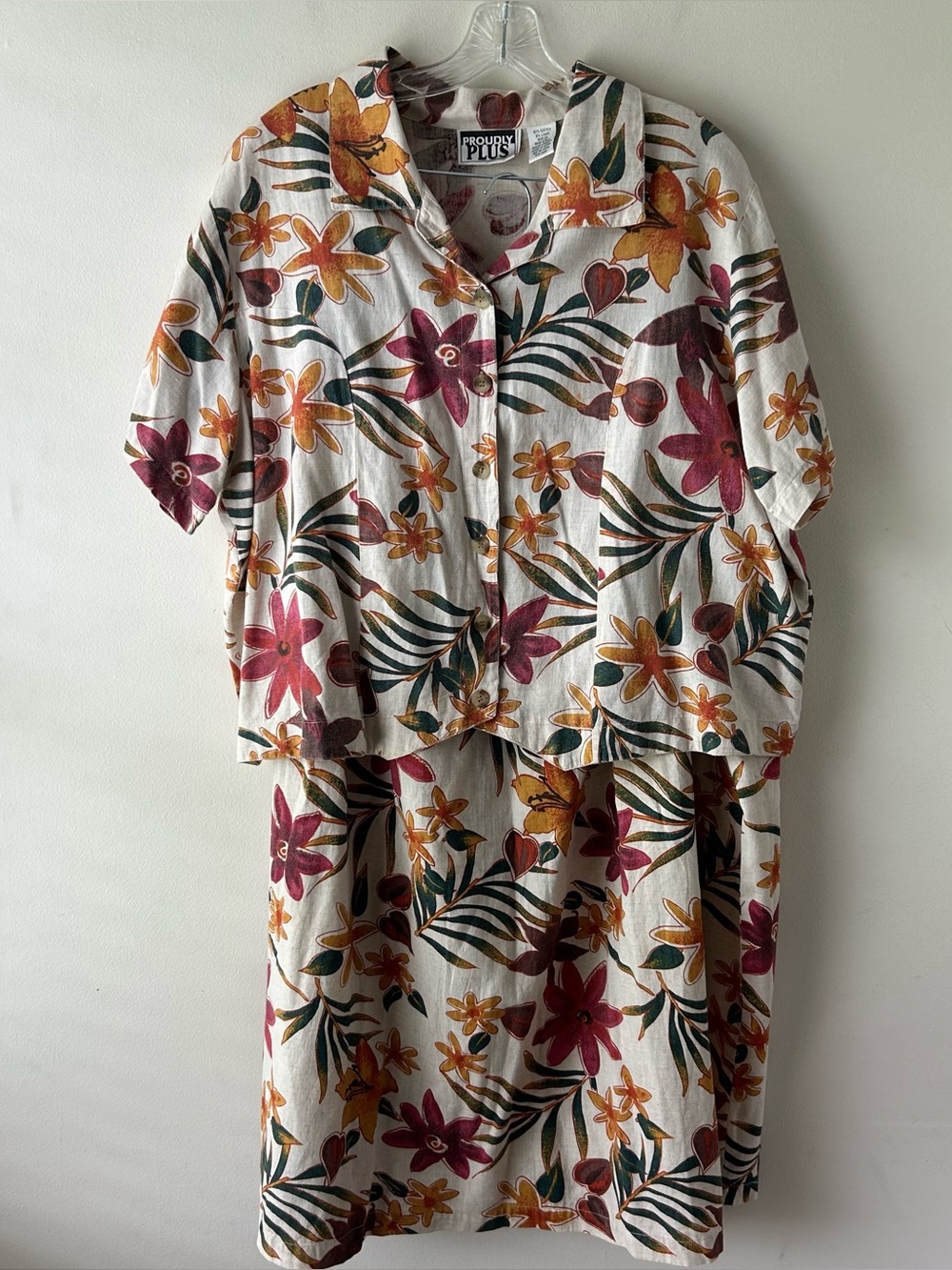 Vintage Cotton-Linen Skirt Shirt Set Boho Hawaiian Floral 22/20